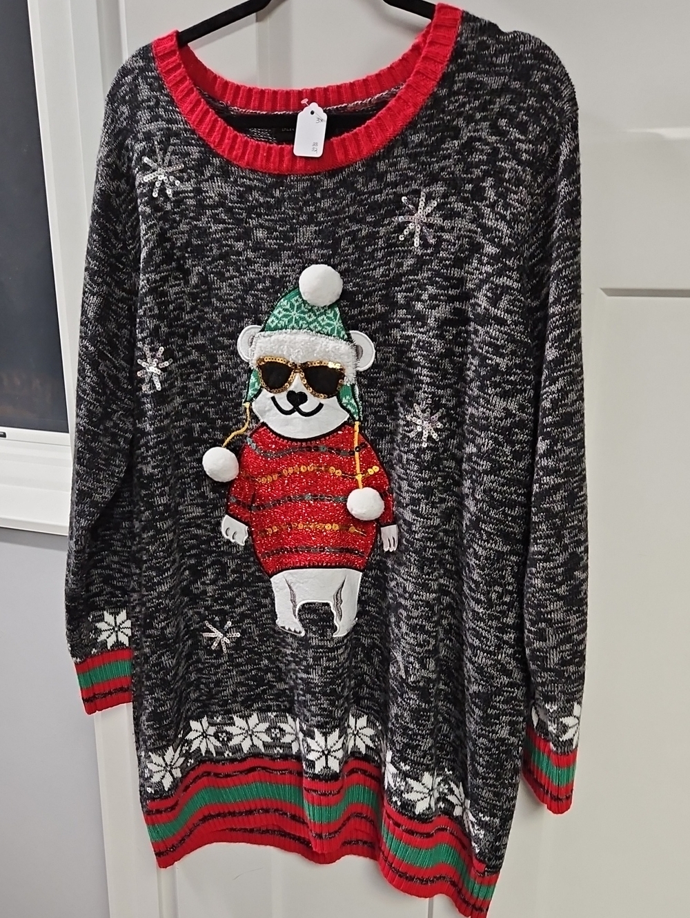 Women’s Black Holiday Bear Crewneck Sweater with Red Trim